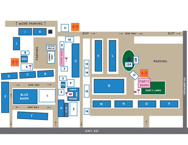 Map of the Blue Hills venue — the Blue Barn and barns A through Q, tents 1 through 17, food trucks, the Party Barn and party lawn, restrooms, and parking, with entrances off Highway 237
